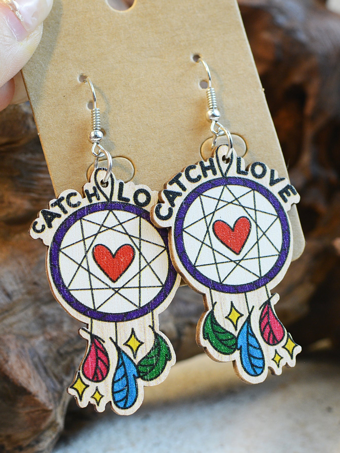 Wholesale Valentine's Day Wooden Dream Catcher Feather Earrings